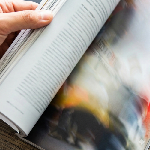 Hand holding an open magazine with a blurred background